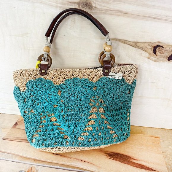 NWT‎ FOSSIL Hathaway Straw Tote Dark Teal and Tan Market Bag - Picture 2 of 6